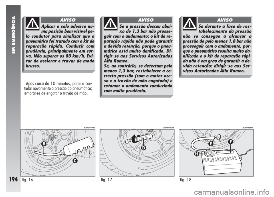 Alfa Romeo 147 2007 Manual de Uso e Manutenção (in Portuguese) EM EMERGÊNCIA
194
Após cerca de 10 minutos, parar e con-
trolar novamente a pressão do pneumático;
lembrar-se de engatar o travão de mão.
fig. 16
A0A0449m
fig. 17
A0A0450m
fig. 18
A0A0451m
Aplic Alfa Romeo 147 2007 Manual de Uso e Manutenção (in Portuguese) EM EMERGÊNCIA
194
Após cerca de 10 minutos, parar e con-
trolar novamente a pressão do pneumático;
lembrar-se de engatar o travão de mão.
fig. 16
A0A0449m
fig. 17
A0A0450m
fig. 18
A0A0451m
Aplic