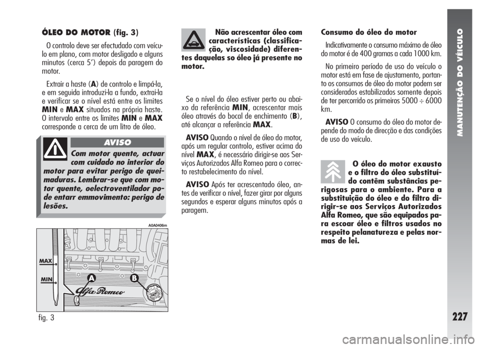 Alfa Romeo 147 2007 Manual de Uso e Manutenção (in Portuguese) MANUTENÇÃO DO VÉICULO
227
ÓLEO DO MOTOR (fig. 3)
O controlo deve ser efectudado com veícu-
lo em plano, com motor desligado e alguns
minutos (cerca 5’) depois da paragem do
motor.
Extrair a has Alfa Romeo 147 2007 Manual de Uso e Manutenção (in Portuguese) MANUTENÇÃO DO VÉICULO
227
ÓLEO DO MOTOR (fig. 3)
O controlo deve ser efectudado com veícu-
lo em plano, com motor desligado e alguns
minutos (cerca 5’) depois da paragem do
motor.
Extrair a has