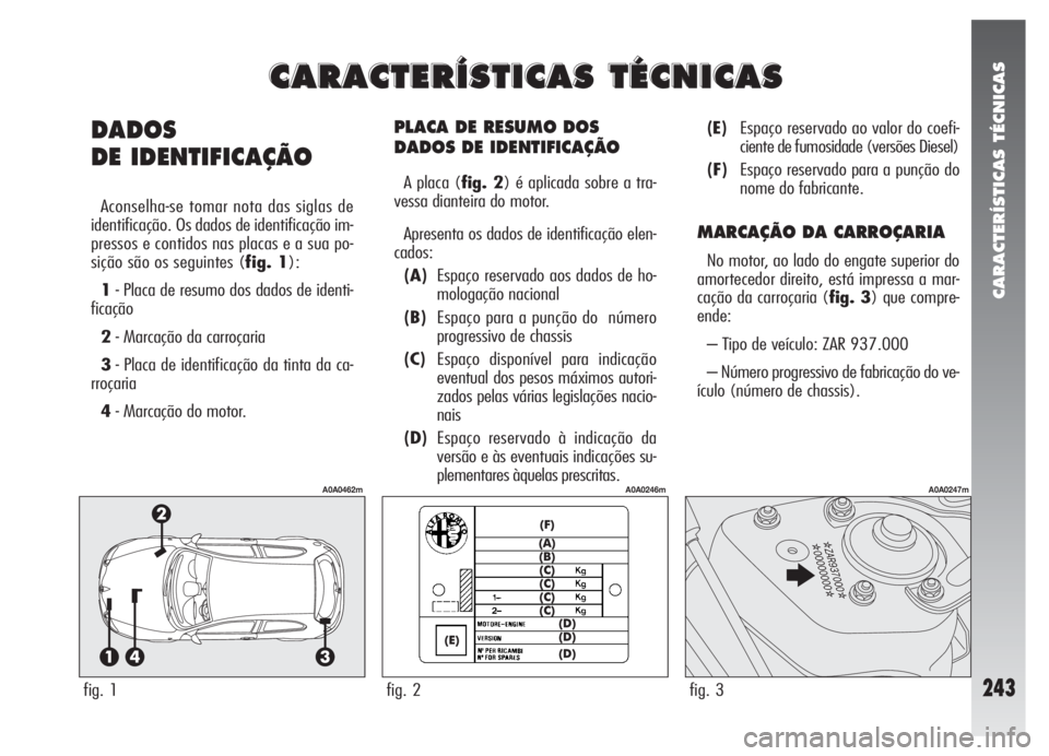 Alfa Romeo 147 2007 Manual de Uso e Manutenção (in Portuguese) CARACTERÍSTICAS TÉCNICAS
243
PLACA DE RESUMO DOS
DADOS DE IDENTIFICAÇÃO
A placa (fig. 2) é aplicada sobre a tra-
vessa dianteira do motor.
Apresenta os dados de identificação elen-
cados:
(A)E Alfa Romeo 147 2007 Manual de Uso e Manutenção (in Portuguese) CARACTERÍSTICAS TÉCNICAS
243
PLACA DE RESUMO DOS
DADOS DE IDENTIFICAÇÃO
A placa (fig. 2) é aplicada sobre a tra-
vessa dianteira do motor.
Apresenta os dados de identificação elen-
cados:
(A)E