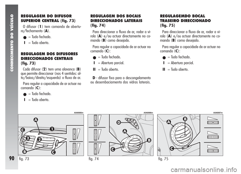 Alfa Romeo 147 2007 Manual de Uso e Manutenção (in Portuguese) CONHECIMENTO DO VEÍCULO
90fig. 73fig. 74fig. 75
REGULAGEM DO DIFUSOR
SUPERIOR CENTRAL
(fig. 73)
O difusor (1) tem comando de abertu-
ra/fechamento (A).
•= Tudo fechado.
I= Tudo aberto.
REGULAGEM D Alfa Romeo 147 2007 Manual de Uso e Manutenção (in Portuguese) CONHECIMENTO DO VEÍCULO
90fig. 73fig. 74fig. 75
REGULAGEM DO DIFUSOR
SUPERIOR CENTRAL
(fig. 73)
O difusor (1) tem comando de abertu-
ra/fechamento (A).
•= Tudo fechado.
I= Tudo aberto.
REGULAGEM D