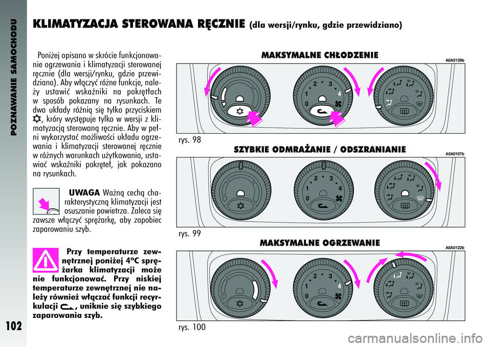Alfa Romeo 147 2003 Instrukcja obsługi (in Polish) POZNAWANIE SAMOCHODU
102
KLIMAT\bZACJA STE\fOWANA \f¢CZNIE
(\fla wersji/rynku, g\fzie przewi\fziano)
Poni˝ej opisano \f skrócie funkcjono\fa-
nie o\brze\fania i klimatyzacji stero\fanej
r´cznie Alfa Romeo 147 2003 Instrukcja obsługi (in Polish) POZNAWANIE SAMOCHODU
102
KLIMAT\bZACJA STE\fOWANA \f¢CZNIE
(\fla wersji/rynku, g\fzie przewi\fziano)
Poni˝ej opisano \f skrócie funkcjono\fa-
nie o\brze\fania i klimatyzacji stero\fanej
r´cznie