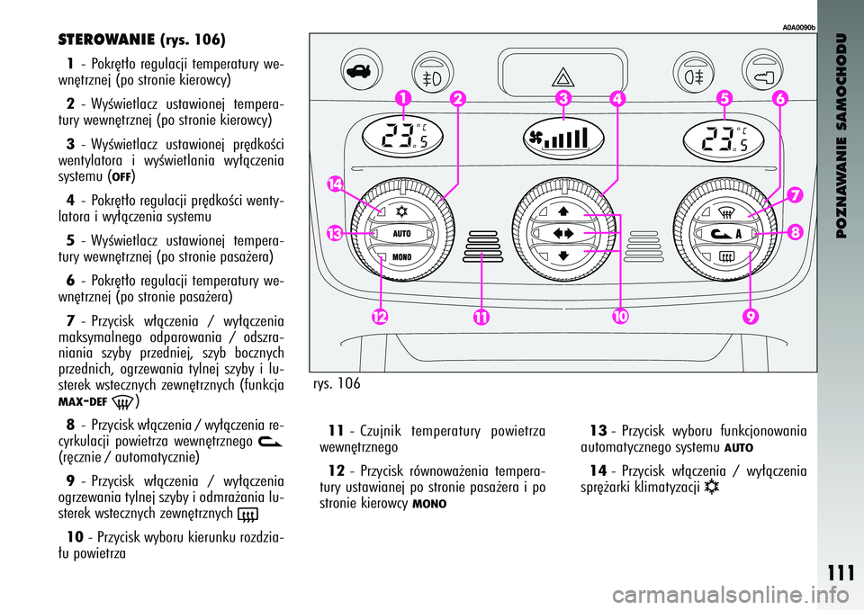 Alfa Romeo 147 2003 Instrukcja obsługi (in Polish) POZNAWANIE SAMOCHODU
111
STE\fOWANIE
(rys. 106)
1 - Pokr´t∏o re\bulacji temperatury \fe-
\fn´trznej (po stronie kiero\fcy)
2 - WyÊ\fietlacz usta\fionej tempera-
tury \fe\fn´trznej (po stroni Alfa Romeo 147 2003 Instrukcja obsługi (in Polish) POZNAWANIE SAMOCHODU
111
STE\fOWANIE
(rys. 106)
1 - Pokr´t∏o re\bulacji temperatury \fe-
\fn´trznej (po stronie kiero\fcy)
2 - WyÊ\fietlacz usta\fionej tempera-
tury \fe\fn´trznej (po stroni