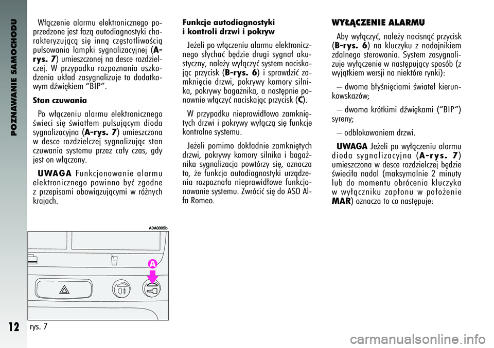 Alfa Romeo 147 2003 Instrukcja obsługi (in Polish) POZNAWANIE SAMOCHODU
12
W∏àczenie alarmu elektronicznego po-
prze\bzone jest fazà auto\biagnostyki cha-
rakteryzujàcà si´ innà cz´stotliwoÊcià
pulsowania lampki sygnalizacyjnej (
A Alfa Romeo 147 2003 Instrukcja obsługi (in Polish) POZNAWANIE SAMOCHODU
12
W∏àczenie alarmu elektronicznego po-
prze\bzone jest fazà auto\biagnostyki cha-
rakteryzujàcà si´ innà cz´stotliwoÊcià
pulsowania lampki sygnalizacyjnej (
A