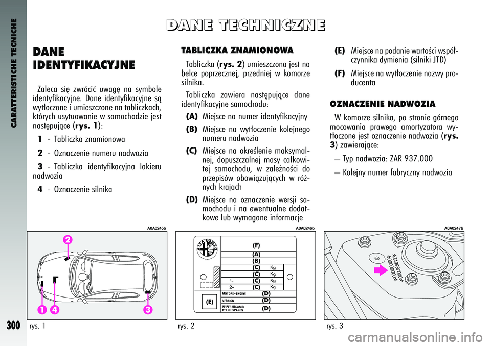 Alfa Romeo 147 2003 Instrukcja obsługi (in Polish) CARATTERI\bTICHE TECNICHE
300
TAB\fICZKA ZNAMIONOWATablic\bka (
rys. 2
) \fmies\bc\bona jest n\ma
belce popr\bec\bnej, pr\bedniej w komor\be
silnika.
Tablic\bka \bawiera nast´p\fjàce dane
ide Alfa Romeo 147 2003 Instrukcja obsługi (in Polish) CARATTERI\bTICHE TECNICHE
300
TAB\fICZKA ZNAMIONOWATablic\bka (
rys. 2
) \fmies\bc\bona jest n\ma
belce popr\bec\bnej, pr\bedniej w komor\be
silnika.
Tablic\bka \bawiera nast´p\fjàce dane
ide