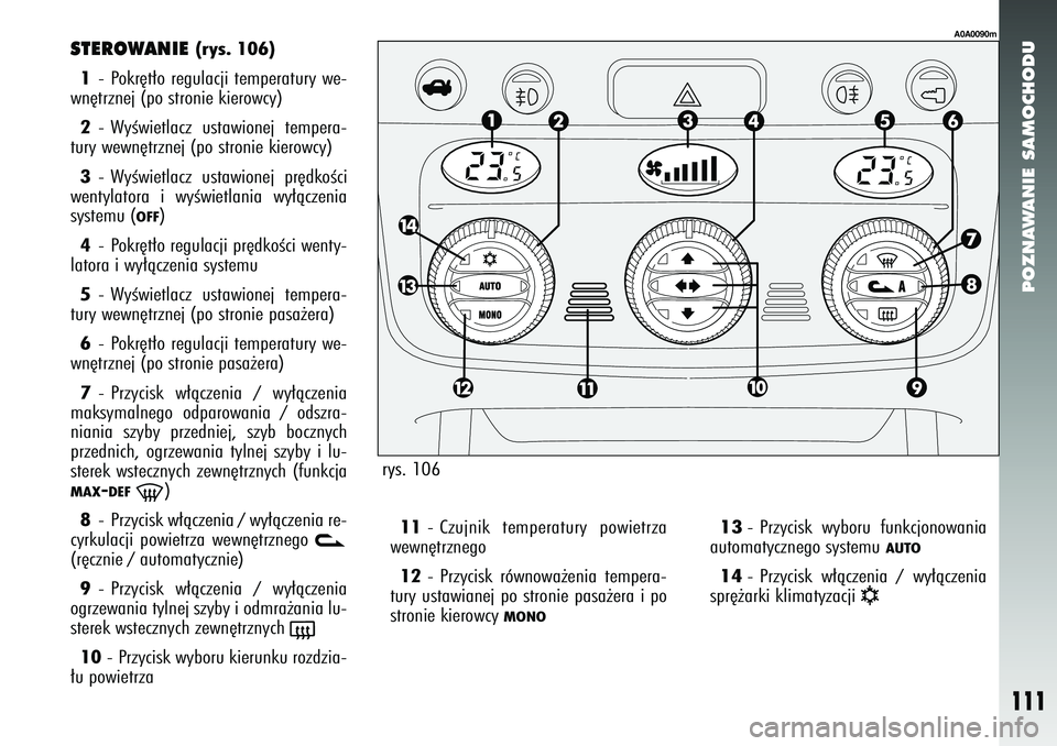 Alfa Romeo 147 2005  Instrukcja obsługi (in Polish) POZNAWANIE SAMOCHODU
111
STEROWANIE 
(rys. 106)
1 - Pokr´t∏o regulacji temperatury we-
wn´trznej (po stronie kierowcy)
2 - WyÊwietlacz ustawionej tempera-
tury wewn´trznej (po stronie kierowcy)
