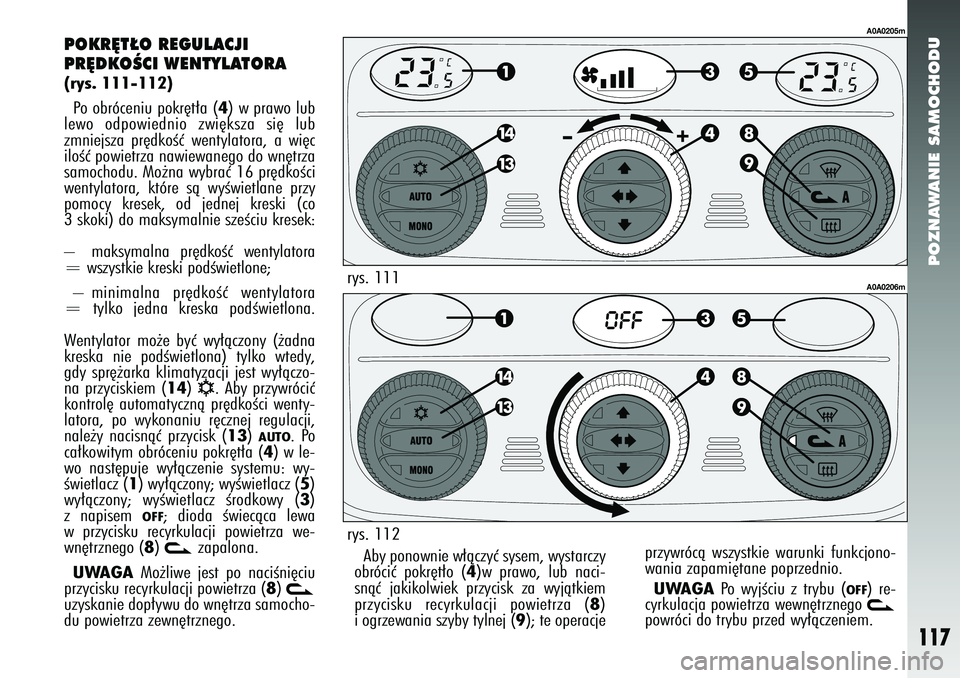 Alfa Romeo 147 2005  Instrukcja obsługi (in Polish) POZNAWANIE SAMOCHODU
117
POKR¢T¸O REGULACJI 
PR¢DKOÂCI WENTYLATORA(rys. 111-112)Po obróceniu pokr´t∏a (
4) w prawo lub
lewo odpowiednio zwi´ksza si´ lub
zmniejsza pr´dkoÊç wentylatora, a 