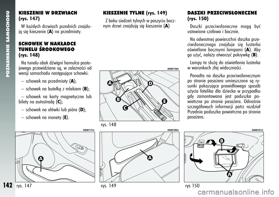 Alfa Romeo 147 2005  Instrukcja obsługi (in Polish) POZNAWANIE SAMOCHODU
142
DASZKI PRZECIWS¸ONECZNE(rys. 150) Daszki przeciws∏oneczne mogà byç
ustawione czo∏owo i bocznie. 
Na odwrotnej powierzchni daszka prze-
ciws∏onecznego znajduje si´ lu