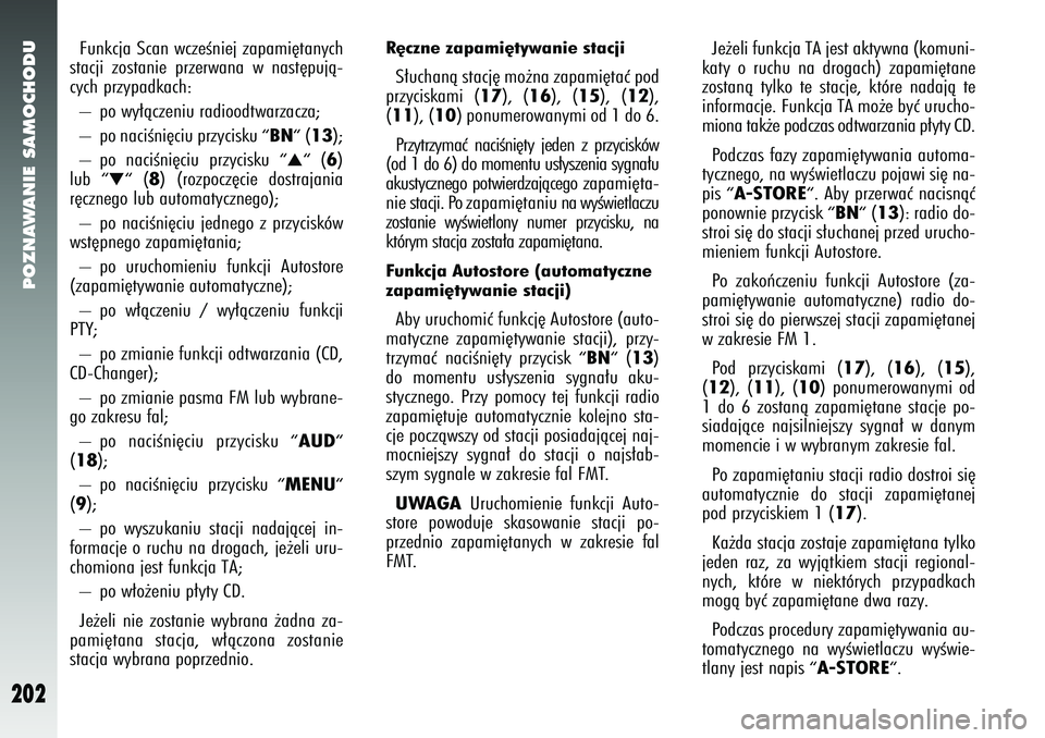 Alfa Romeo 147 2005  Instrukcja obsługi (in Polish) POZNAWANIE SAMOCHODU
202
Funkcja Scan wczeÊniej zapami´tanych
stacji zostanie przerwana w nast´pujà-
cych przypadkach: 
–  po wy∏àczeniu radioodtwarzacza; 
–  po naciÊni´ciu przycisku 
