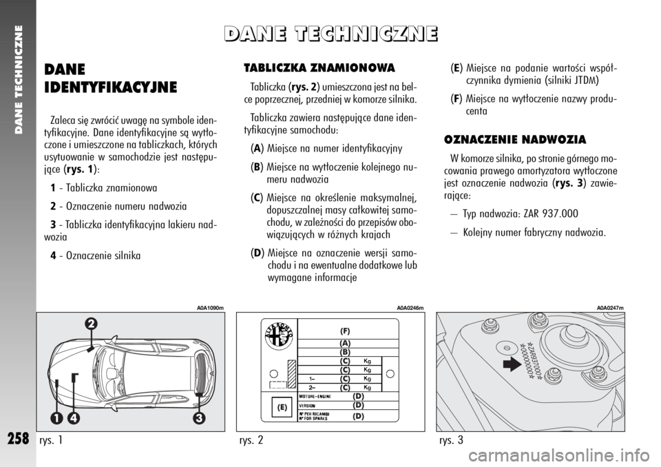 Alfa Romeo 147 2009 Instrukcja obsługi (in Polish) DANE TECHNICZNE
258
TABLICZKA ZNAMIONOWATabliczka (
rys. 2
) umieszczona jest na bel-
ce poprzecznej, przedniej w komorze silnika.
Tabliczka zawiera nast´pujàce dane iden-
tyfikacyjne samochodu:
( Alfa Romeo 147 2009 Instrukcja obsługi (in Polish) DANE TECHNICZNE
258
TABLICZKA ZNAMIONOWATabliczka (
rys. 2
) umieszczona jest na bel-
ce poprzecznej, przedniej w komorze silnika.
Tabliczka zawiera nast´pujàce dane iden-
tyfikacyjne samochodu:
(