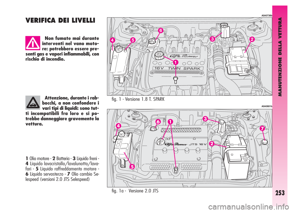 Alfa Romeo GT 2006  Libretto Uso Manutenzione (in Italian) MANUTENZIONE DELLA VETTURA
253
fig. 1 - Versione 1.8 T. SPARK
A0A0736b
A0A0681b
VERIFICA DEI LIVELLI
Non fumate mai durante
interventi nel vano moto-
re: potrebbero essere pre-
senti gas e vapori infi