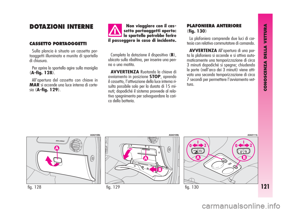 Alfa Romeo GT 2010  Libretto Uso Manutenzione (in Italian) CONOSCENZA DELLA VETTURA
121
DOTAZIONI INTERNE
CASSETTO PORTAOGGETTI 
Sulla plancia è situato un cassetto por-
taoggetti illuminato e munito di sportello
di chiusura. 
Per aprire lo sportello agire s