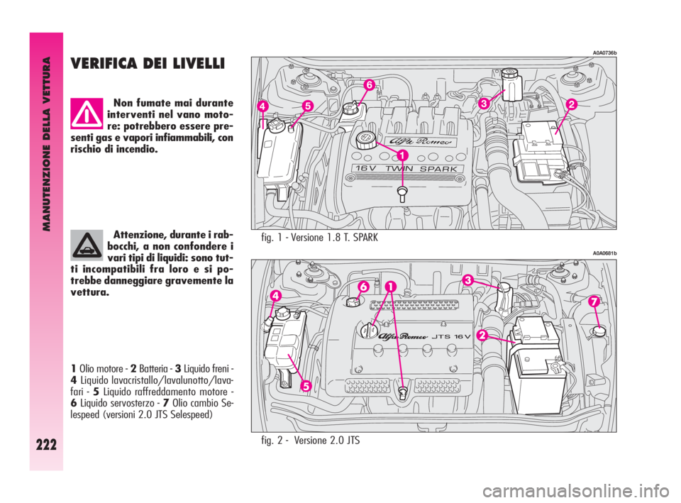 Alfa Romeo GT 2010  Libretto Uso Manutenzione (in Italian) MANUTENZIONE DELLA VETTURA
222
fig. 1 - Versione 1.8 T. SPARK
A0A0736b
A0A0681b
VERIFICA DEI LIVELLI
Non fumate mai durante
interventi nel vano moto-
re: potrebbero essere pre-
senti gas e vapori infi