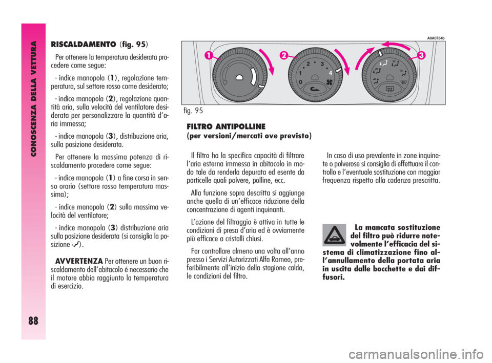 Alfa Romeo GT 2010  Libretto Uso Manutenzione (in Italian) CONOSCENZA DELLA VETTURA
88
RISCALDAMENTO(fig. 95)
Per ottenere la temperatura desiderata pro-
cedere come segue:
- indice manopola (1), regolazione tem-
peratura, sul settore rosso come desiderato;
-
