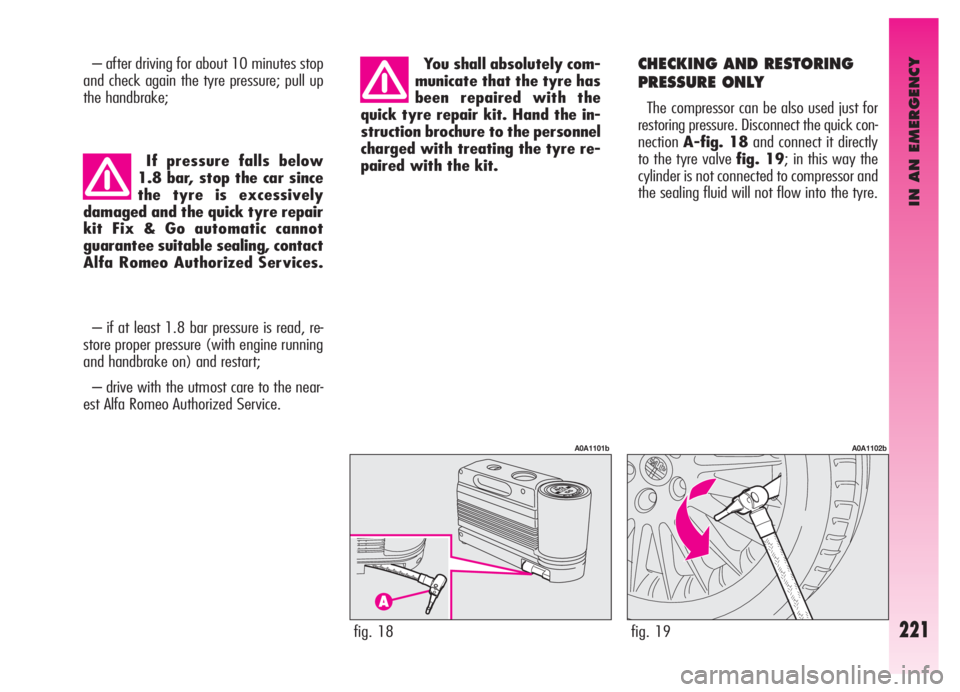 Alfa Romeo GT 2005 Owner handbook (in English) IN AN EMERGENCY
221
– after driving for about 10 minutes stop
and check again the tyre pressure; pull up
the handbrake;
If pressure falls below
1.8 bar, stop the car since
the tyre is excessively
da Alfa Romeo GT 2005 Owner handbook (in English) IN AN EMERGENCY
221
– after driving for about 10 minutes stop
and check again the tyre pressure; pull up
the handbrake;
If pressure falls below
1.8 bar, stop the car since
the tyre is excessively
da