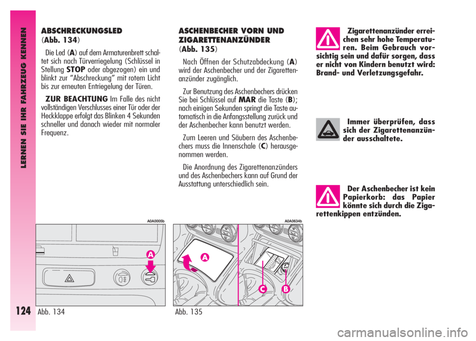 Alfa Romeo GT 2008 Betriebsanleitung (in German) LERNEN SIE IHR FAHRZEUG KENNEN
124
Der Aschenbecher ist kein
Papierkorb: das Papier
könnte sich durch die Ziga-
rettenkippen entzünden.
Immer überprüfen, dass
sich der Zigarettenanzün-
der aussch Alfa Romeo GT 2008 Betriebsanleitung (in German) LERNEN SIE IHR FAHRZEUG KENNEN
124
Der Aschenbecher ist kein
Papierkorb: das Papier
könnte sich durch die Ziga-
rettenkippen entzünden.
Immer überprüfen, dass
sich der Zigarettenanzün-
der aussch
