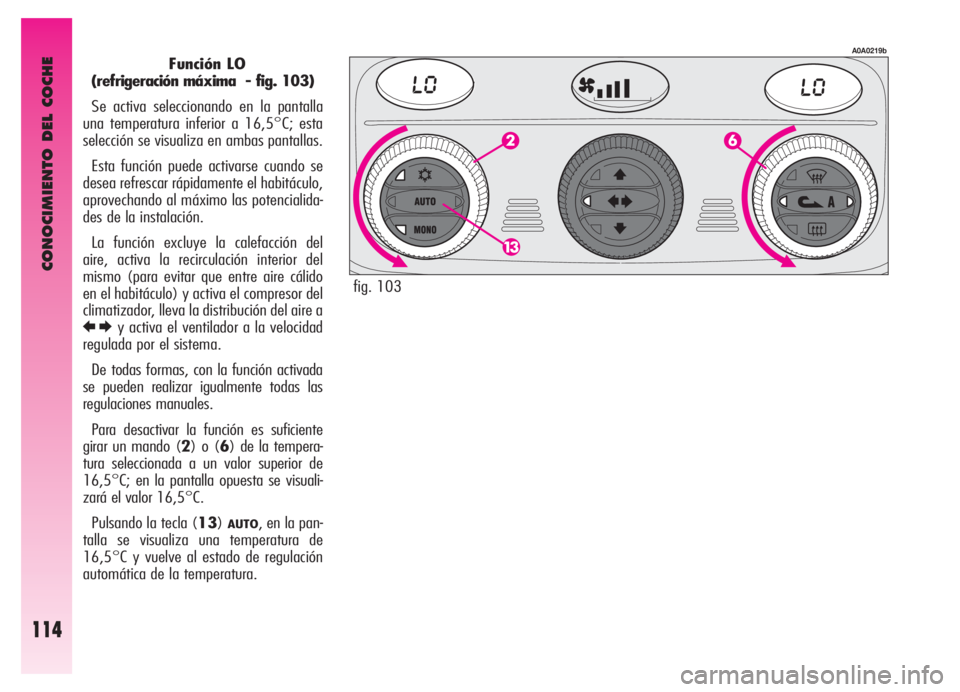 Alfa Romeo GT 2006  Manual de Empleo y Cuidado (in Spanish) CONOCIMIENTO DEL COCHE
114
Función LO
(refrigeración máxima  - fig. 103)
Se activa seleccionando en la pantalla
una temperatura inferior a 16,5°C; esta
selección se visualiza en ambas pantallas.
