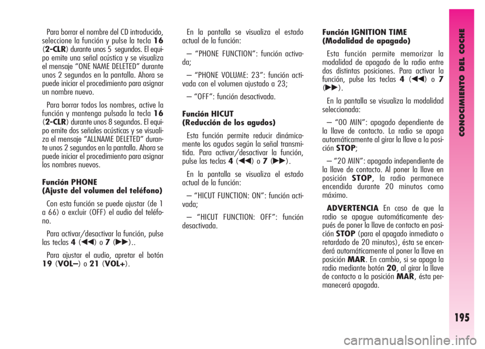 Alfa Romeo GT 2006  Manual de Empleo y Cuidado (in Spanish) CONOCIMIENTO DEL COCHE
195
Para borrar el nombre del CD introducido,
seleccione la función y pulse la tecla 16
(2-CLR) durante unos 5  segundos. El equi-
po emite una señal acústica y se visualiza
