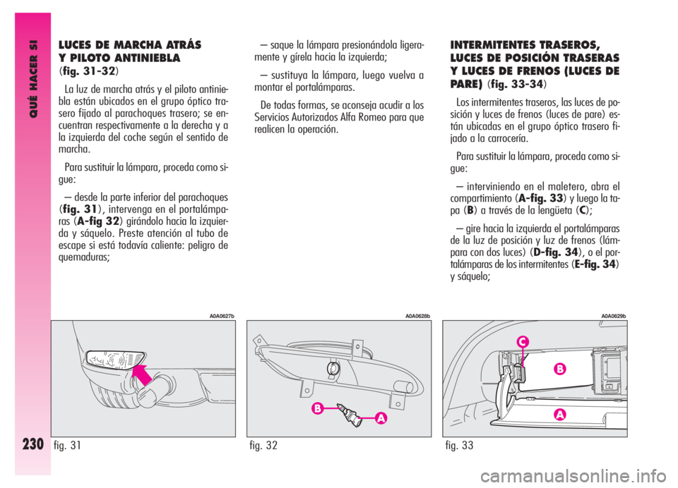 Alfa Romeo GT 2006  Manual de Empleo y Cuidado (in Spanish) QUÉ HACER SI
230
LUCES DE MARCHA ATRÁS 
Y PILOTO ANTINIEBLA 
(fig. 31-32)
La luz de marcha atrás y el piloto antinie-
bla están ubicados en el grupo óptico tra-
sero fijado al parachoques trasero