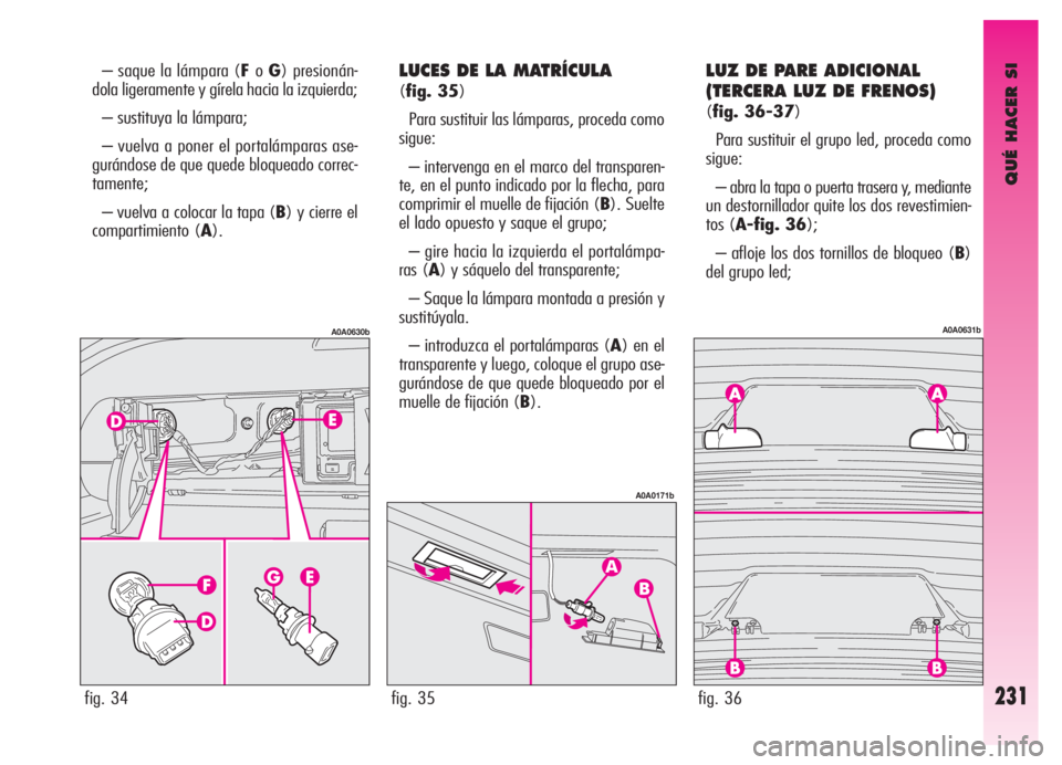Alfa Romeo GT 2006  Manual de Empleo y Cuidado (in Spanish) QUÉ HACER SI
231
LUCES DE LA MATRÍCULA 
(fig. 35)
Para sustituir las lámparas, proceda como
sigue:
– intervenga en el marco del transparen-
te, en el punto indicado por la flecha, para
comprimir 