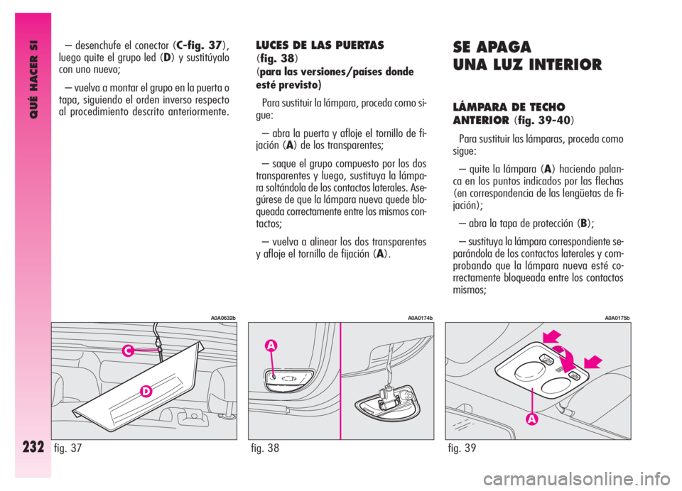 Alfa Romeo GT 2006  Manual de Empleo y Cuidado (in Spanish) QUÉ HACER SI
232
– desenchufe el conector (C-fig. 37),
luego quite el grupo led (D) y sustitúyalo
con uno nuevo;
– vuelva a montar el grupo en la puerta o
tapa, siguiendo el orden inverso respec