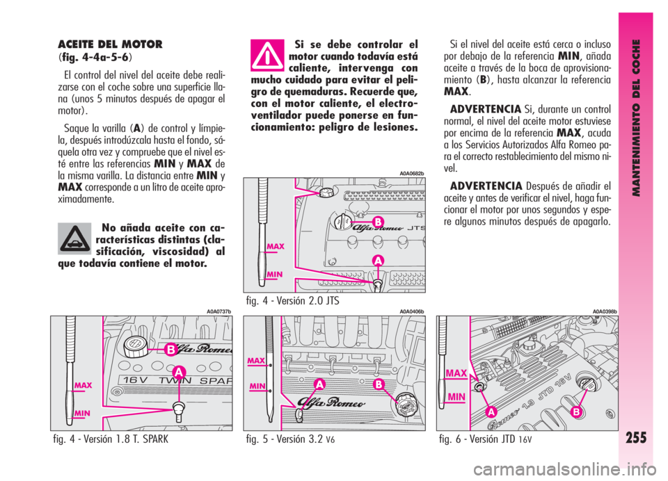 Alfa Romeo GT 2006  Manual de Empleo y Cuidado (in Spanish) MANTENIMIENTO DEL COCHE
255
ACEITE DEL MOTOR 
(fig. 4-4a-5-6)
El control del nivel del aceite debe reali-
zarse con el coche sobre una superficie lla-
na (unos 5 minutos después de apagar el
motor).
