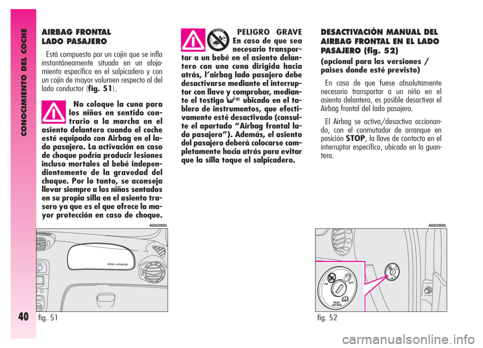 Alfa Romeo GT 2006  Manual de Empleo y Cuidado (in Spanish) CONOCIMIENTO DEL COCHE
40
AIRBAG FRONTAL 
LADO PASAJERO
Está compuesto por un cojín que se infla
instantáneamente situado en un aloja-
miento específico en el salpicadero y con
un cojín de mayor 