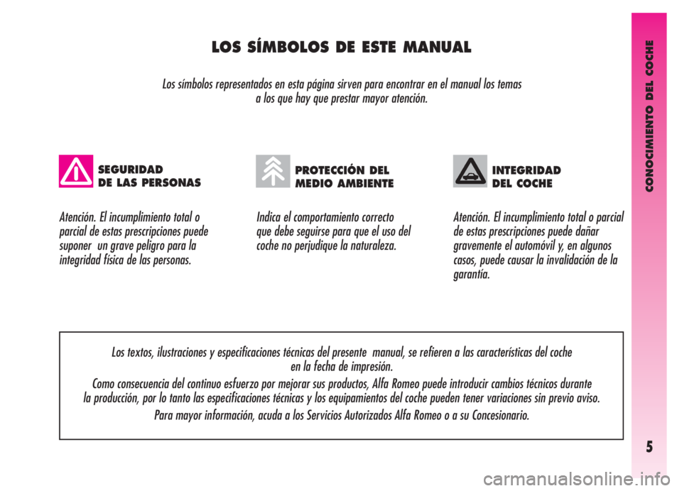 Alfa Romeo GT 2006 Manual de Empleo y Cuidado (in Spanish) CONOCIMIENTO DEL COCHE
5
LOS SÍMBOLOS DE ESTE MANUAL
Los símbolos representados en esta página sirven para encontrar en el manual los temas
a los que hay que prestar mayor atención.
Indica el co Alfa Romeo GT 2006 Manual de Empleo y Cuidado (in Spanish) CONOCIMIENTO DEL COCHE
5
LOS SÍMBOLOS DE ESTE MANUAL
Los símbolos representados en esta página sirven para encontrar en el manual los temas
a los que hay que prestar mayor atención.
Indica el co