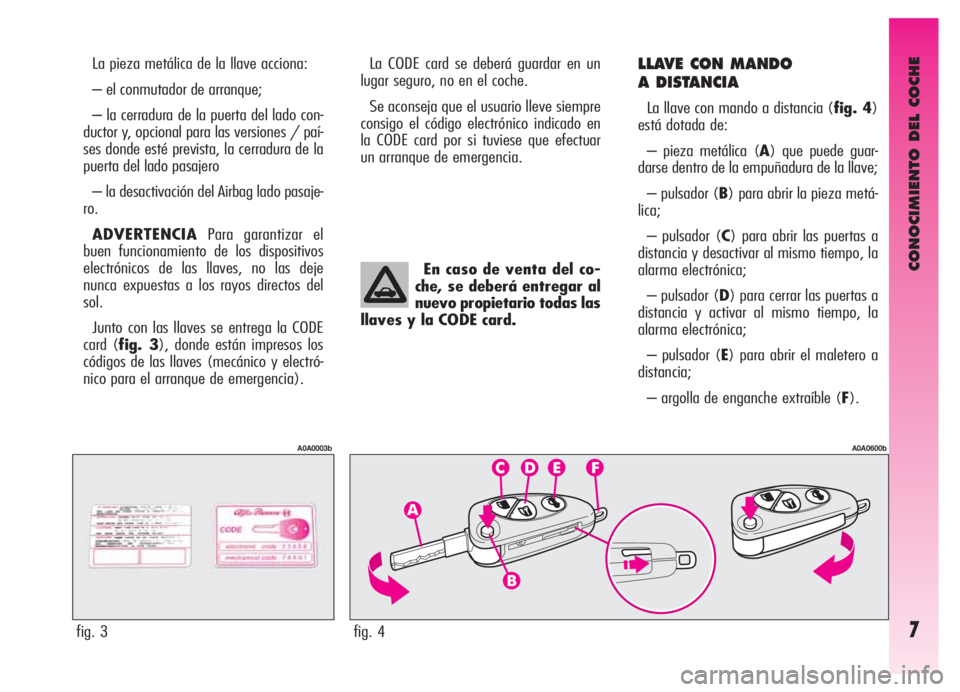 Alfa Romeo GT 2006  Manual de Empleo y Cuidado (in Spanish) CONOCIMIENTO DEL COCHE
7
La pieza metálica de la llave acciona:
– el conmutador de arranque;
– la cerradura de la puerta del lado con-
ductor y, opcional para las versiones / paí-
ses donde est