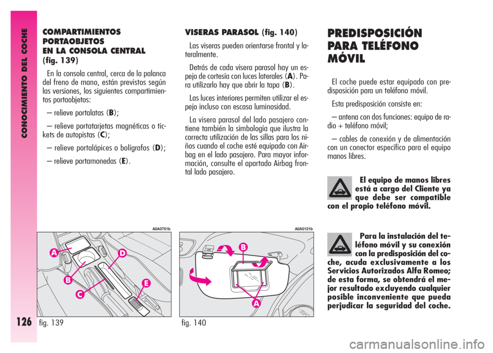 Alfa Romeo GT 2007  Manual de Empleo y Cuidado (in Spanish) CONOCIMIENTO DEL COCHE
126
PREDISPOSICIÓN
PARA TELÉFONO 
MÓVIL
El coche puede estar equipado con pre-
disposición para un teléfono móvil. 
Esta predisposición consiste en: 
– antena con dos f