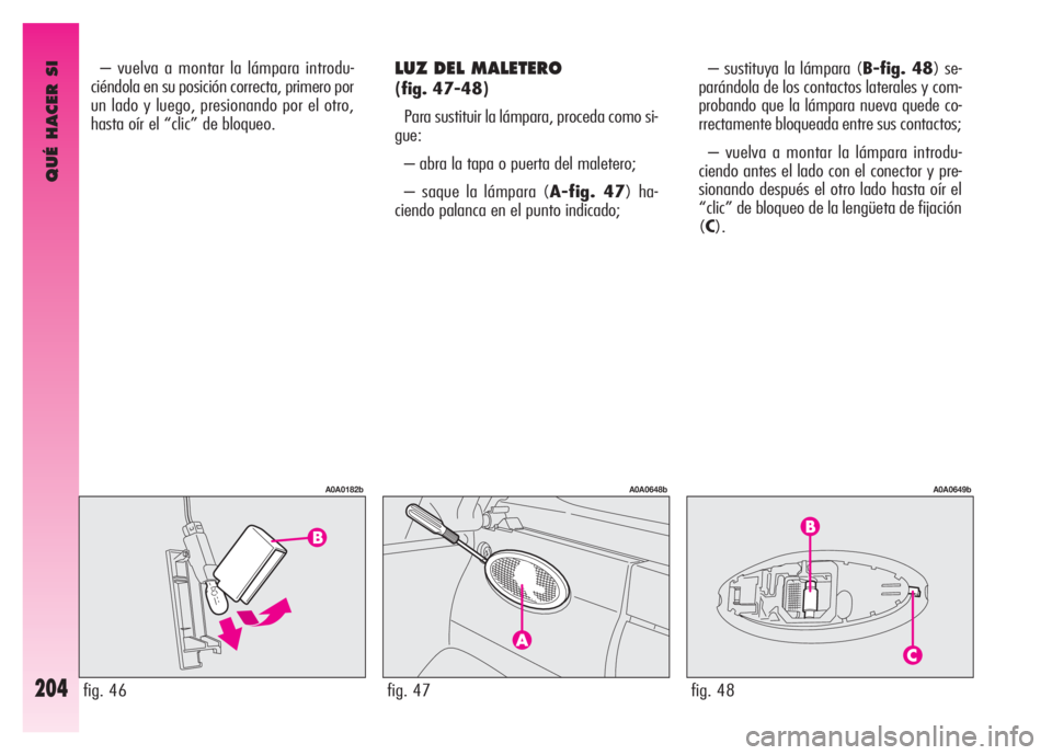 Alfa Romeo GT 2007  Manual de Empleo y Cuidado (in Spanish) QUÉ HACER SI
204
LUZ DEL MALETERO 
(fig. 47-48)
Para sustituir la lámpara, proceda como si-
gue:
– abra la tapa o puerta del maletero; 
– saque la lámpara (A-fig. 47) ha-
ciendo palanca en el p