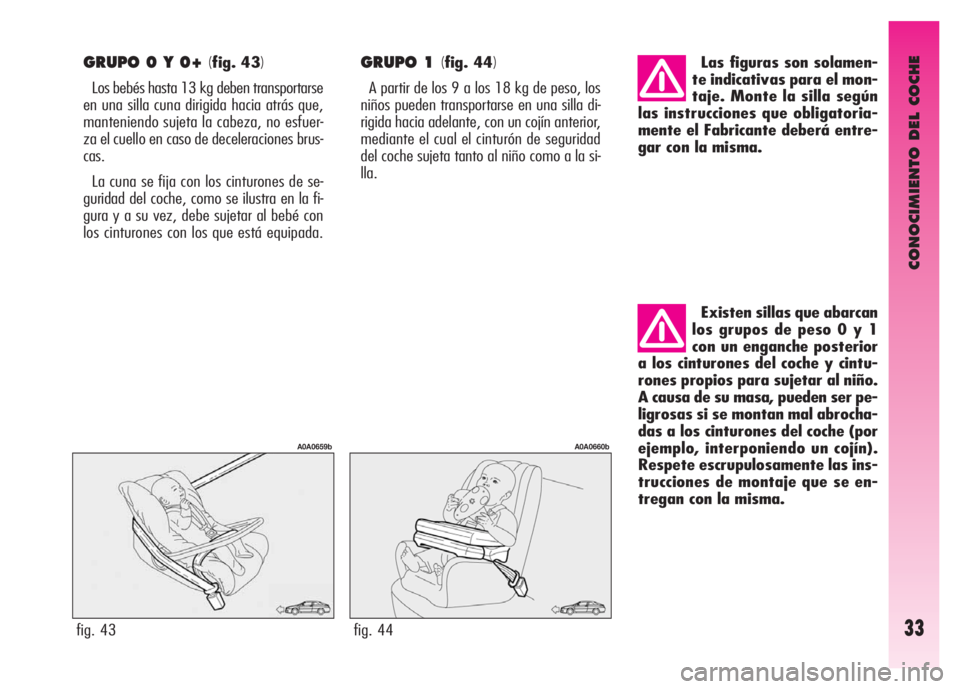 Alfa Romeo GT 2007 Manual de Empleo y Cuidado (in Spanish) CONOCIMIENTO DEL COCHE
33
GRUPO 0 Y 0+ (fig. 43)
Los bebés hasta 13 kg deben transportarse
en una silla cuna dirigida hacia atrás que,
manteniendo sujeta la cabeza, no esfuer-
za el cuello en caso d Alfa Romeo GT 2007 Manual de Empleo y Cuidado (in Spanish) CONOCIMIENTO DEL COCHE
33
GRUPO 0 Y 0+ (fig. 43)
Los bebés hasta 13 kg deben transportarse
en una silla cuna dirigida hacia atrás que,
manteniendo sujeta la cabeza, no esfuer-
za el cuello en caso d