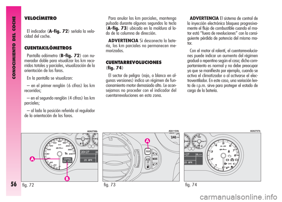 Alfa Romeo GT 2007  Manual de Empleo y Cuidado (in Spanish) CONOCIMIENTO DEL COCHE
56
VELOCÍMETRO
El indicador (A-fig. 72) señala la velo-
cidad del coche.
CUENTAKILÓMETROS
Pantalla odómetro (B-fig. 72) con nu-
merador doble para visualizar los km reco-
rr
