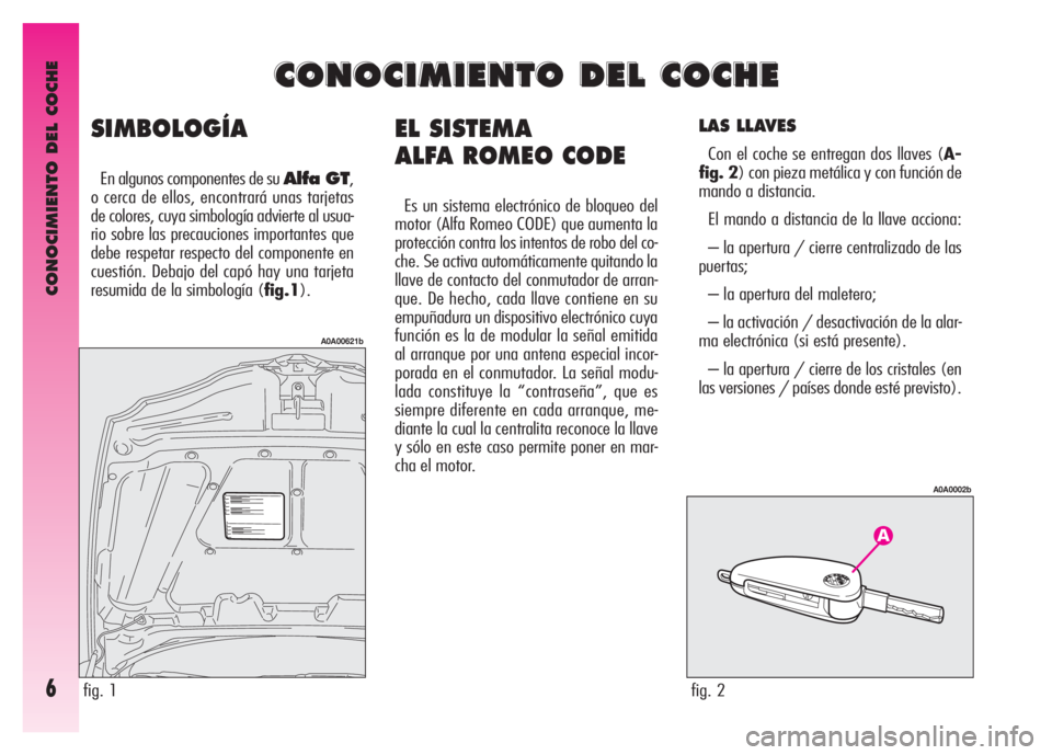 Alfa Romeo GT 2007 Manual de Empleo y Cuidado (in Spanish) CONOCIMIENTO DEL COCHE
6
EL SISTEMA
ALFA ROMEO CODE
Es un sistema electrónico de bloqueo del
motor (Alfa Romeo CODE) que aumenta la
protección contra los intentos de robo del co-
che. Se activa aut Alfa Romeo GT 2007 Manual de Empleo y Cuidado (in Spanish) CONOCIMIENTO DEL COCHE
6
EL SISTEMA
ALFA ROMEO CODE
Es un sistema electrónico de bloqueo del
motor (Alfa Romeo CODE) que aumenta la
protección contra los intentos de robo del co-
che. Se activa aut