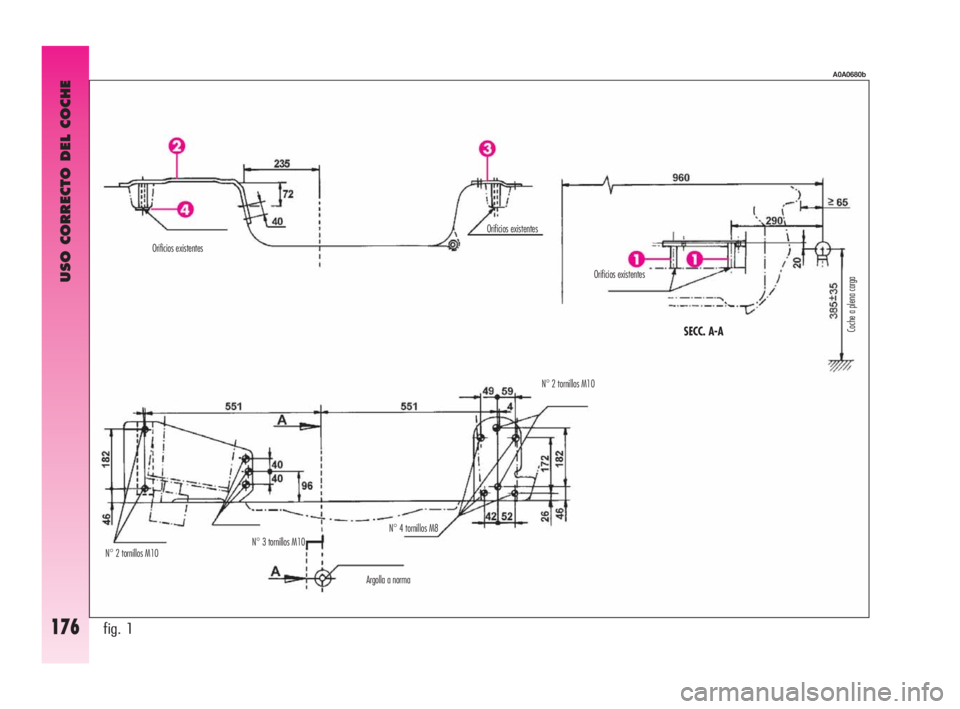 Alfa Romeo GT 2010  Manual de Empleo y Cuidado (in Spanish) USO CORRECTO DEL COCHE
176fig. 1
A0A0680b
Orificios existentes 
Orificios existentes 
N° 2 tornillos M10 N° 3 tornillos M10 N° 4 tornillos M8 
Argolla a norma N° 2 tornillos M10 
SECC. A-A 
Orific