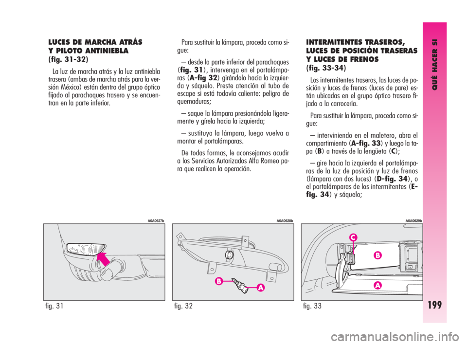 Alfa Romeo GT 2010  Manual de Empleo y Cuidado (in Spanish) QUÉ HACER SI
199
LUCES DE MARCHA ATRÁS 
Y PILOTO ANTINIEBLA 
(fig. 31-32)
La luz de marcha atrás y la luz antiniebla
trasera (ambas de marcha atrás para la ver-
sión México) están dentro del gr