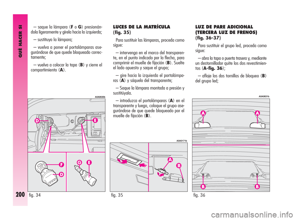 Alfa Romeo GT 2010  Manual de Empleo y Cuidado (in Spanish) QUÉ HACER SI
200
LUCES DE LA MATRÍCULA 
(fig. 35)
Para sustituir las lámparas, proceda como
sigue:
– intervenga en el marco del transparen-
te, en el punto indicado por la flecha, para
comprimir 