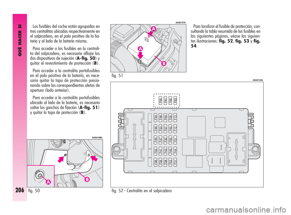 Alfa Romeo GT 2010  Manual de Empleo y Cuidado (in Spanish) QUÉ HACER SI
206
Para localizar el fusible de protección, con-
sultando la tabla resumida de los fusibles en
las siguientes páginas, véase las siguien-
tes ilustraciones: fig. 52,fig. 53yfig.
54. 