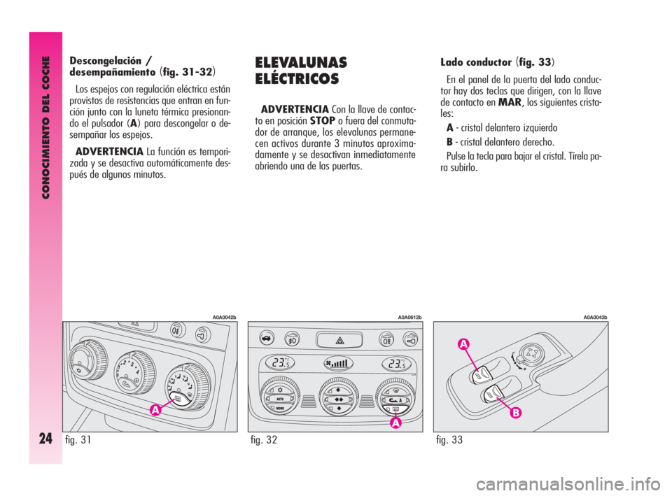 Alfa Romeo GT 2010 Manual de Empleo y Cuidado (in Spanish) CONOCIMIENTO DEL COCHE
24fig. 33
A0A0043b
ELEVALUNAS
ELÉCTRICOS
ADVERTENCIACon la llave de contac-
to en posición STOPo fuera del conmuta-
dor de arranque, los elevalunas permane-
cen activos durant Alfa Romeo GT 2010 Manual de Empleo y Cuidado (in Spanish) CONOCIMIENTO DEL COCHE
24fig. 33
A0A0043b
ELEVALUNAS
ELÉCTRICOS
ADVERTENCIACon la llave de contac-
to en posición STOPo fuera del conmuta-
dor de arranque, los elevalunas permane-
cen activos durant