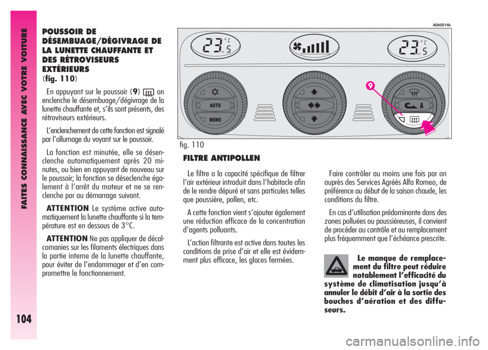 Alfa Romeo GT 2008 Notice dentretien (in French) FAITES CONNAISSANCE AVEC VOTRE VOITURE
104
POUSSOIR DE
DÉSEMBUAGE/DÉGIVRAGE DE
LA LUNETTE CHAUFFANTE ET
DES RÉTROVISEURS
EXTÉRIEURS
(fig. 110)
En appuyant sur le poussoir (9)
(on
enclenche le dés Alfa Romeo GT 2008 Notice dentretien (in French) FAITES CONNAISSANCE AVEC VOTRE VOITURE
104
POUSSOIR DE
DÉSEMBUAGE/DÉGIVRAGE DE
LA LUNETTE CHAUFFANTE ET
DES RÉTROVISEURS
EXTÉRIEURS
(fig. 110)
En appuyant sur le poussoir (9)
(on
enclenche le dés