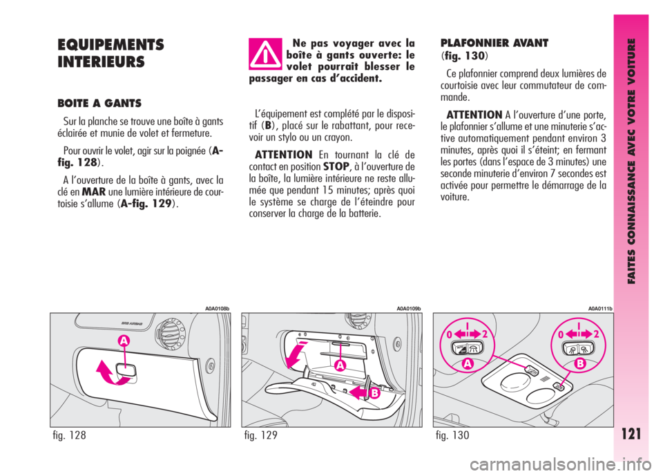 Alfa Romeo GT 2008 Notice dentretien (in French) FAITES CONNAISSANCE AVEC VOTRE VOITURE
121
EQUIPEMENTS
INTERIEURS
BOITE A GANTS
Sur la planche se trouve une boîte à gants
éclairée et munie de volet et fermeture.
Pour ouvrir le volet, agir sur Alfa Romeo GT 2008 Notice dentretien (in French) FAITES CONNAISSANCE AVEC VOTRE VOITURE
121
EQUIPEMENTS
INTERIEURS
BOITE A GANTS
Sur la planche se trouve une boîte à gants
éclairée et munie de volet et fermeture.
Pour ouvrir le volet, agir sur