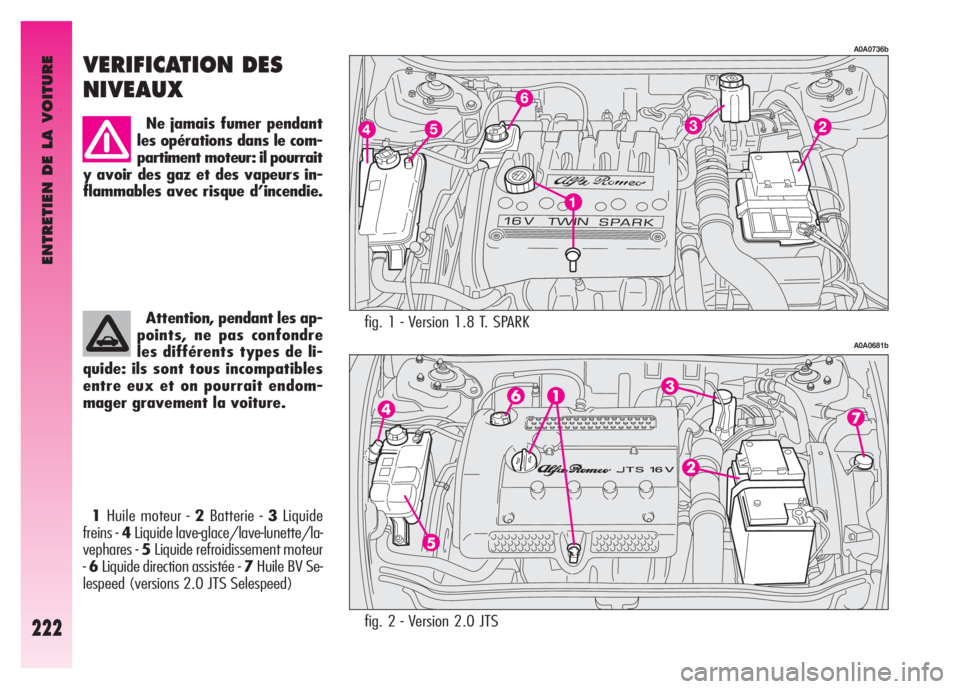 Alfa Romeo GT 2008  Notice dentretien (in French) ENTRETIEN DE LA VOITURE
222
fig. 1 - Version 1.8 T. SPARK
A0A0736b
A0A0681b
VERIFICATION DES
NIVEAUX
Ne jamais fumer pendant
les opérations dans le com-
partiment moteur: il pourrait
y avoir des gaz 