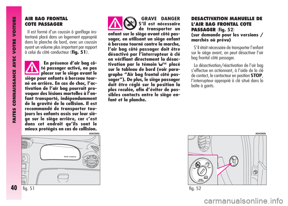 Alfa Romeo GT 2008 Notice dentretien (in French) FAITES CONNAISSANCE AVEC VOTRE VOITURE
40
AIR BAG FRONTAL
COTE PASSAGER
Il est formé d’un coussin à gonflage ins-
tantané placé dans un logement approprié
dans la planche de bord, avec un cous Alfa Romeo GT 2008 Notice dentretien (in French) FAITES CONNAISSANCE AVEC VOTRE VOITURE
40
AIR BAG FRONTAL
COTE PASSAGER
Il est formé d’un coussin à gonflage ins-
tantané placé dans un logement approprié
dans la planche de bord, avec un cous