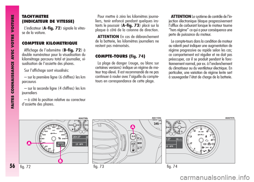 Alfa Romeo GT 2008 Notice dentretien (in French) FAITES CONNAISSANCE AVEC VOTRE VOITURE
56
TACHYMETRE
(INDICATEUR DE VITESSE)
L’indicateur (A-fig. 72) signale la vites-
se de la voiture.
COMPTEUR KILOMETRIQUE
Affichage de l’odomètre (B-fig. 7 Alfa Romeo GT 2008 Notice dentretien (in French) FAITES CONNAISSANCE AVEC VOTRE VOITURE
56
TACHYMETRE
(INDICATEUR DE VITESSE)
L’indicateur (A-fig. 72) signale la vites-
se de la voiture.
COMPTEUR KILOMETRIQUE
Affichage de l’odomètre (B-fig. 7