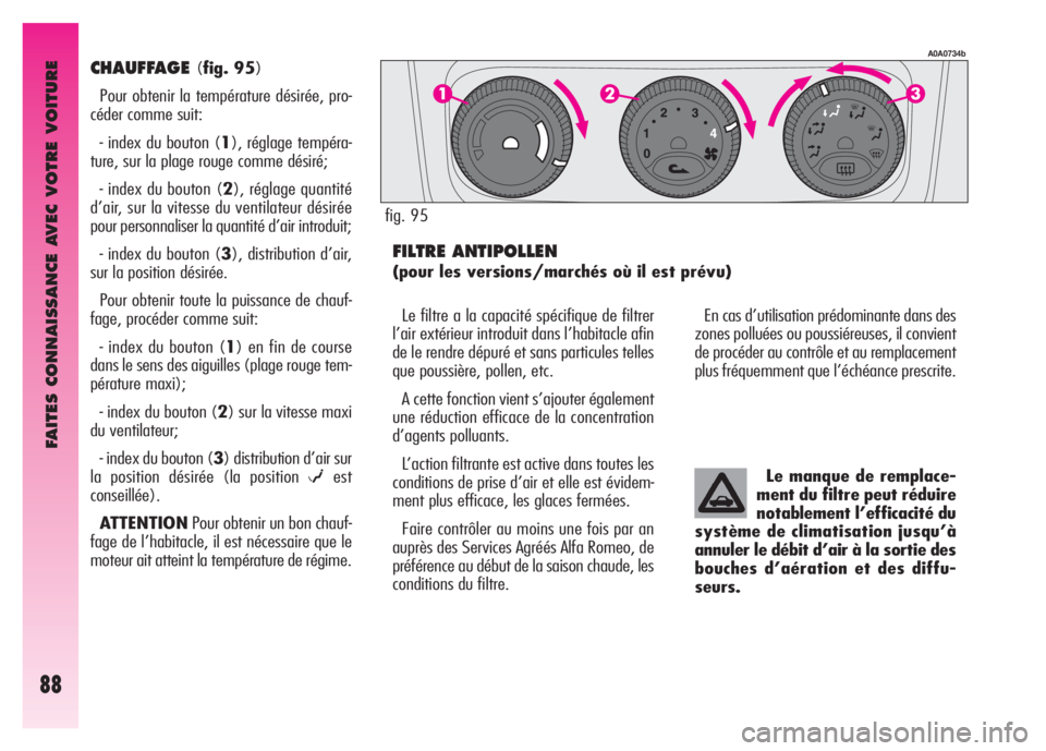 Alfa Romeo GT 2008 Notice dentretien (in French) FAITES CONNAISSANCE AVEC VOTRE VOITURE
88
CHAUFFAGE (fig. 95)
Pour obtenir la température désirée, pro-
céder comme suit:
- index du bouton (1), réglage tempéra-
ture, sur la plage rouge comme Alfa Romeo GT 2008 Notice dentretien (in French) FAITES CONNAISSANCE AVEC VOTRE VOITURE
88
CHAUFFAGE (fig. 95)
Pour obtenir la température désirée, pro-
céder comme suit:
- index du bouton (1), réglage tempéra-
ture, sur la plage rouge comme