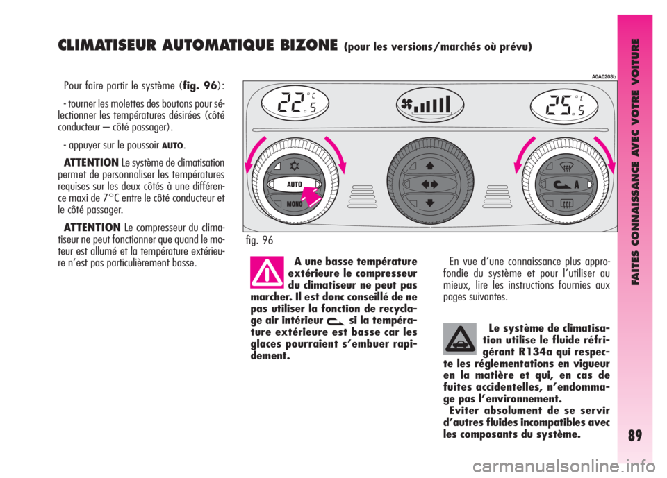 Alfa Romeo GT 2008 Notice dentretien (in French) FAITES CONNAISSANCE AVEC VOTRE VOITURE
89
CLIMATISEUR AUTOMATIQUE BIZONE (pour les versions/marchés où prévu)
Pour faire partir le système (fig. 96):
- tourner les molettes des boutons pour sé-
Alfa Romeo GT 2008 Notice dentretien (in French) FAITES CONNAISSANCE AVEC VOTRE VOITURE
89
CLIMATISEUR AUTOMATIQUE BIZONE (pour les versions/marchés où prévu)
Pour faire partir le système (fig. 96):
- tourner les molettes des boutons pour sé-