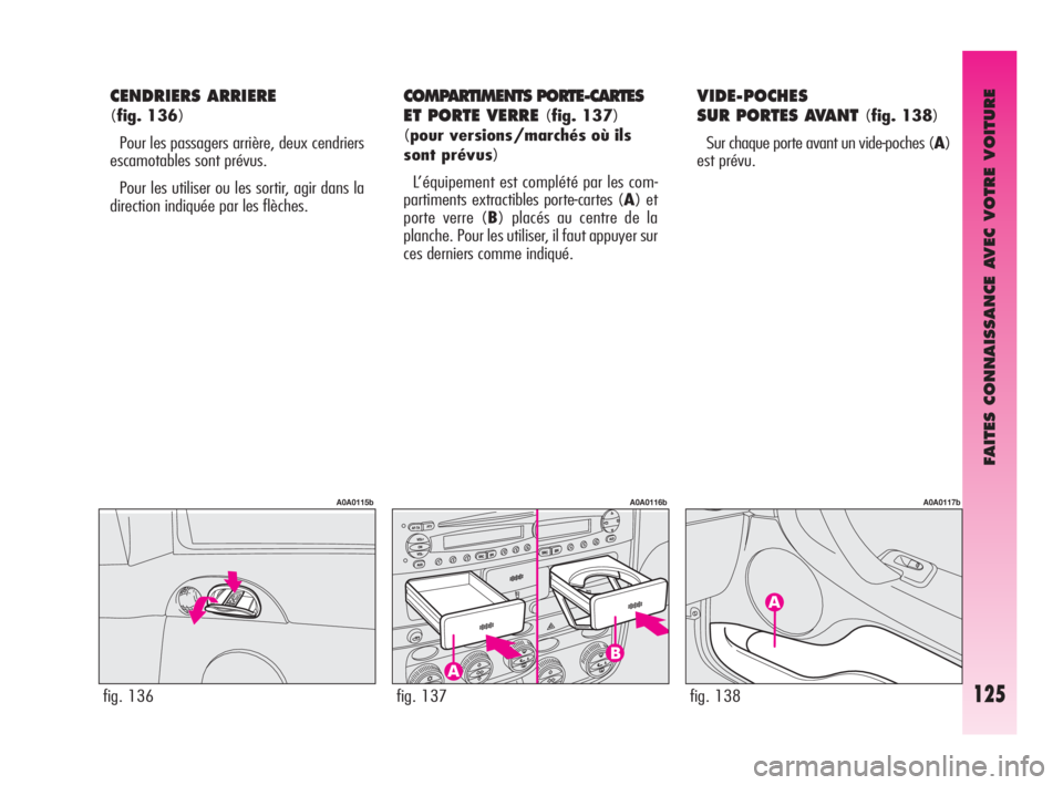 Alfa Romeo GT 2009  Notice dentretien (in French) FAITES CONNAISSANCE AVEC VOTRE VOITURE
125
CENDRIERS ARRIERE 
(fig. 136)
Pour les passagers arrière, deux cendriers
escamotables sont prévus. 
Pour les utiliser ou les sortir, agir dans la
direction