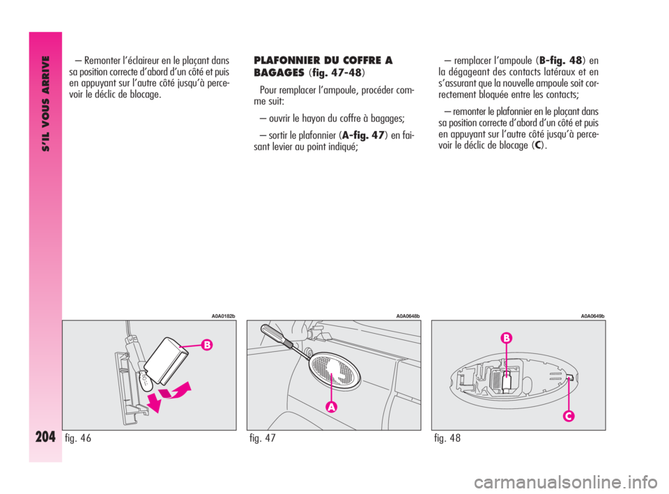 Alfa Romeo GT 2009  Notice dentretien (in French) S’IL VOUS ARRIVE
204
PLAFONNIER DU COFFRE A
BAGAGES
(fig. 47-48)
Pour remplacer l’ampoule, procéder com-
me suit: 
– ouvrir le hayon du coffre à bagages; 
– sortir le plafonnier (A-fig. 47) 