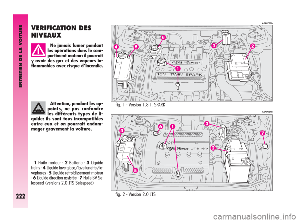 Alfa Romeo GT 2009  Notice dentretien (in French) ENTRETIEN DE LA VOITURE
222
fig. 1 - Version 1.8 T. SPARK
A0A0736b
A0A0681b
VERIFICATION DES
NIVEAUX
Ne jamais fumer pendant
les opérations dans le com-
partiment moteur: il pourrait
y avoir des gaz 
