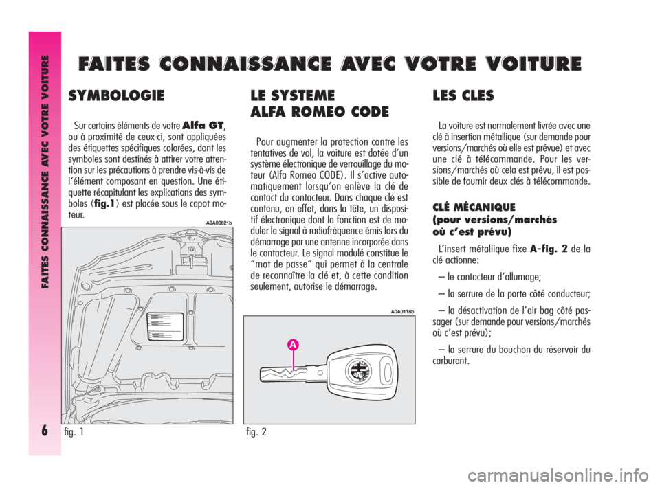 Alfa Romeo GT 2009 Notice dentretien (in French) FAITES CONNAISSANCE AVEC VOTRE VOITURE
6
LE SYSTEME
ALFA ROMEO CODE
Pour augmenter la protection contre les
tentatives de vol, la voiture est dotée d’un
système électronique de verrouillage du m Alfa Romeo GT 2009 Notice dentretien (in French) FAITES CONNAISSANCE AVEC VOTRE VOITURE
6
LE SYSTEME
ALFA ROMEO CODE
Pour augmenter la protection contre les
tentatives de vol, la voiture est dotée d’un
système électronique de verrouillage du m