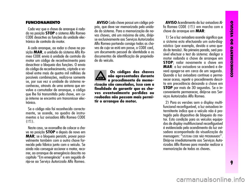 Alfa Romeo GT 2010  Manual de Uso e Manutenção (in Portuguese) CONHECIMENTO DO VEÍCULO
9
Os códigos das chaves
não apresentadas durante
o procedimento de memo-
rização são cancelados, isso com a
finalidade de garantir que as cha-
ves eventualmente perdidas 